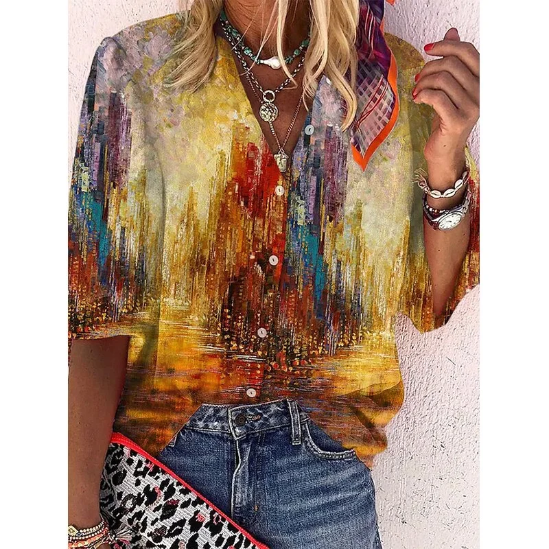 FashionSierra - Elegant Loose Abstraction Print Shirt