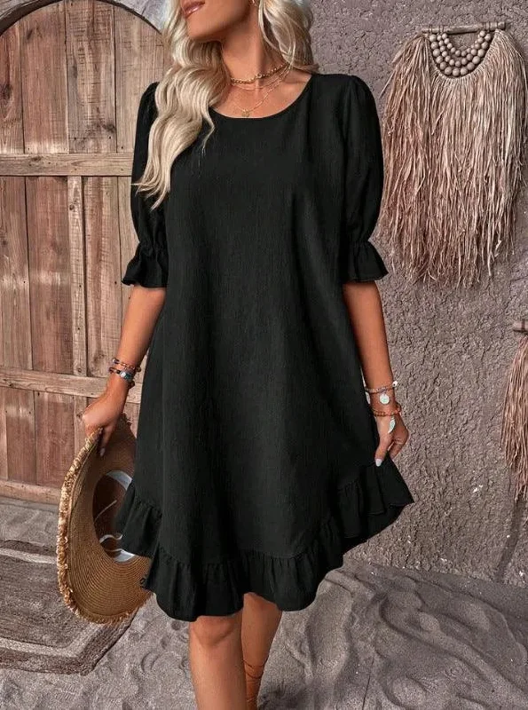 Fashion Ruffle Short-sleeved Dress Summer Solid Color Round Neck Loose Midi  Straight Dress for Women.