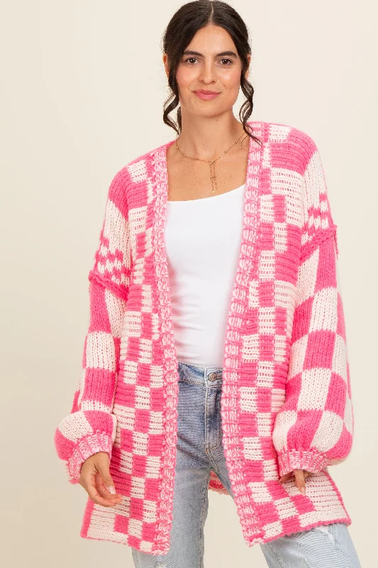 Fuchsia Mixed Check Pattern Chunky Maternity Cardigan