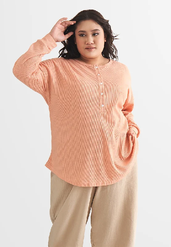 Haley Henley Waffle Cuff Sleeve Tee - Peach