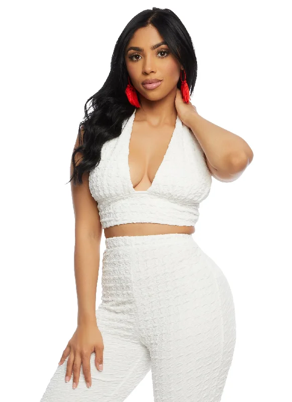 Textured Knit Tie Back Halter Crop Top