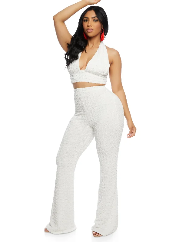 Textured Knit Tie Back Halter Crop Top