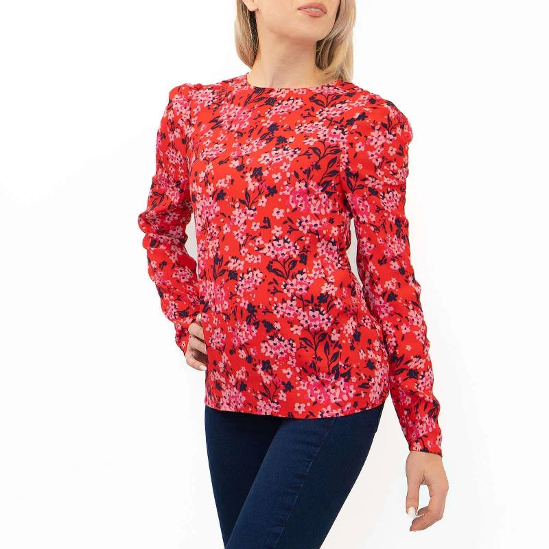 M&S Red Ditsy Floral Print Long Sleeve Lightweight Tops