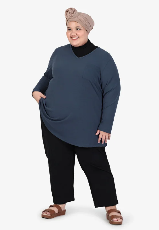 Perdita V-neck Pocket Ribbed Long Sleeve Tee - Blue