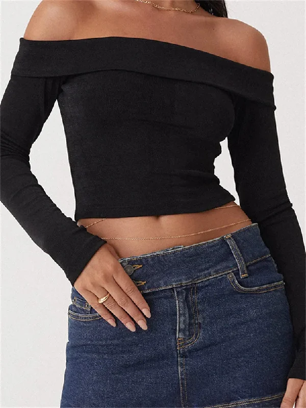 FashionSierra - Off Shoulder Long Sleeve Women Fall Spring Slash Neck Slim Fit Short Street Casual Base Tops Tee