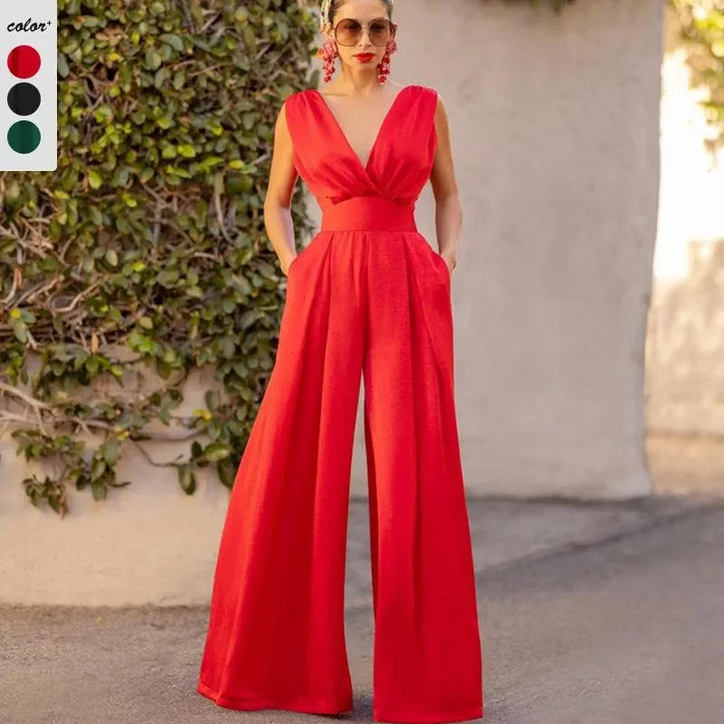 Solid Color And V-neck High Waist Wide Leg Jumpsuit