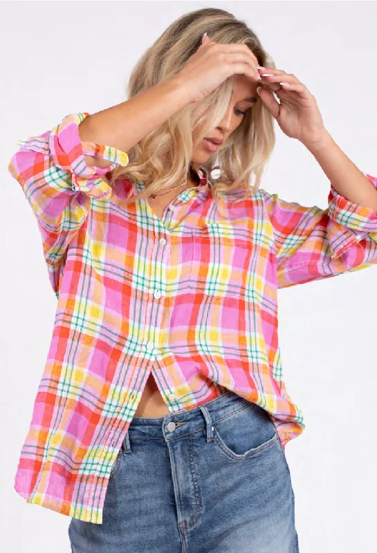 The Boyfriend Linen Shirt - Bubblegum Plaid