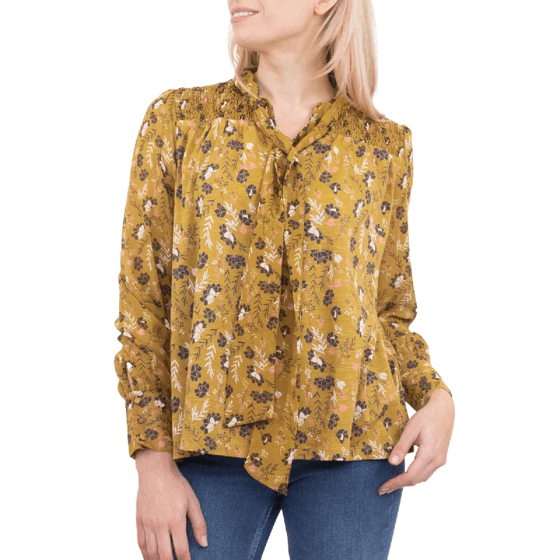 White Stuff Tamina Yellow Floral Print Long Sleeve Tine-Neck Tops