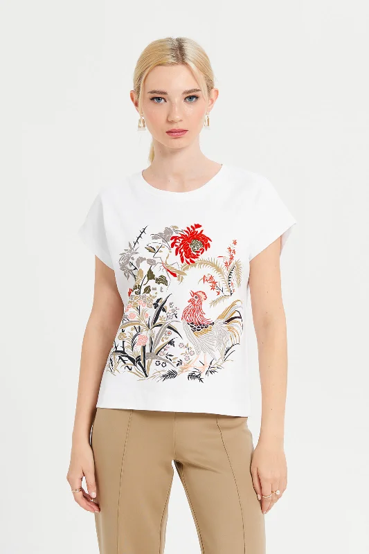 Women White Embroidered T-Shirt