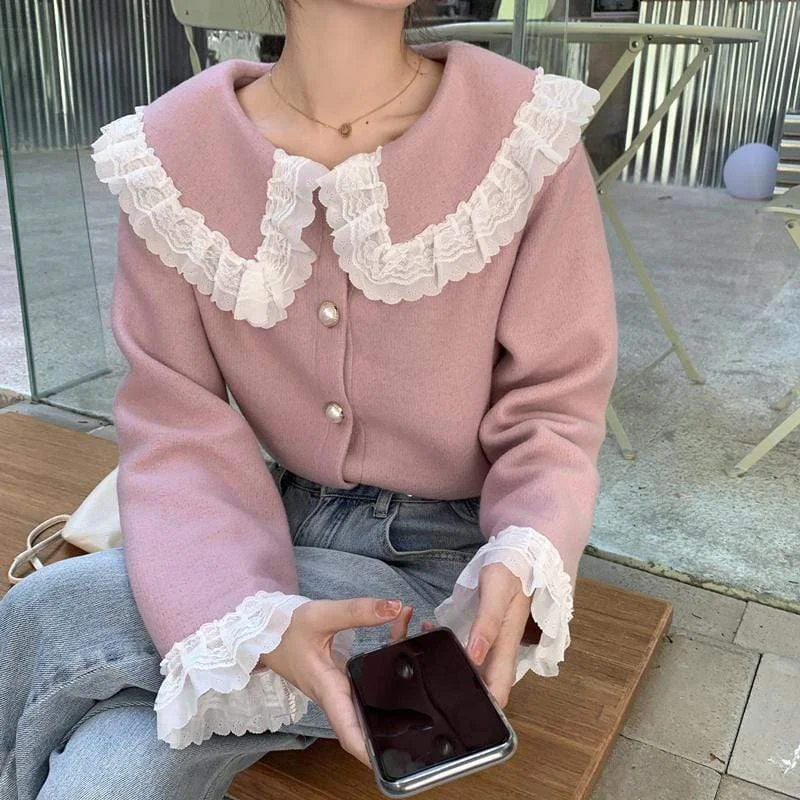 Women's Cute Doll Collar Lace Splice Cardigan