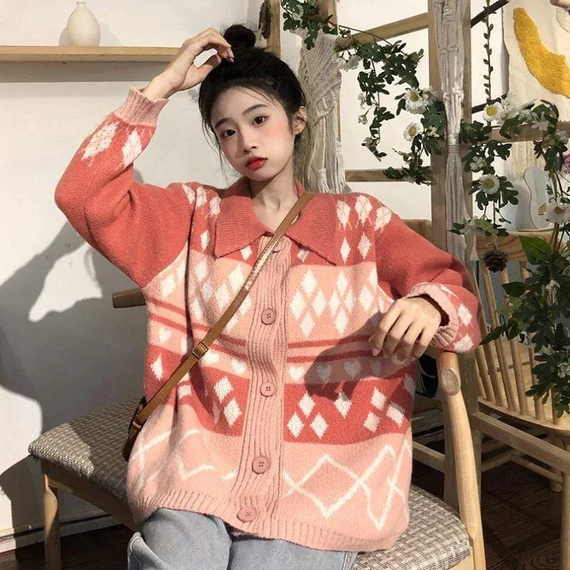 Women's Cute Turn-down Collar Diamond Knitted Cardigan