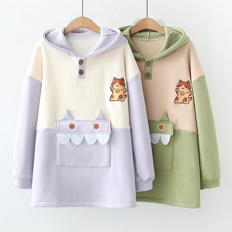 Women's Kawaii Cat Contrast Color Hoodies With Cute Monster Pocket