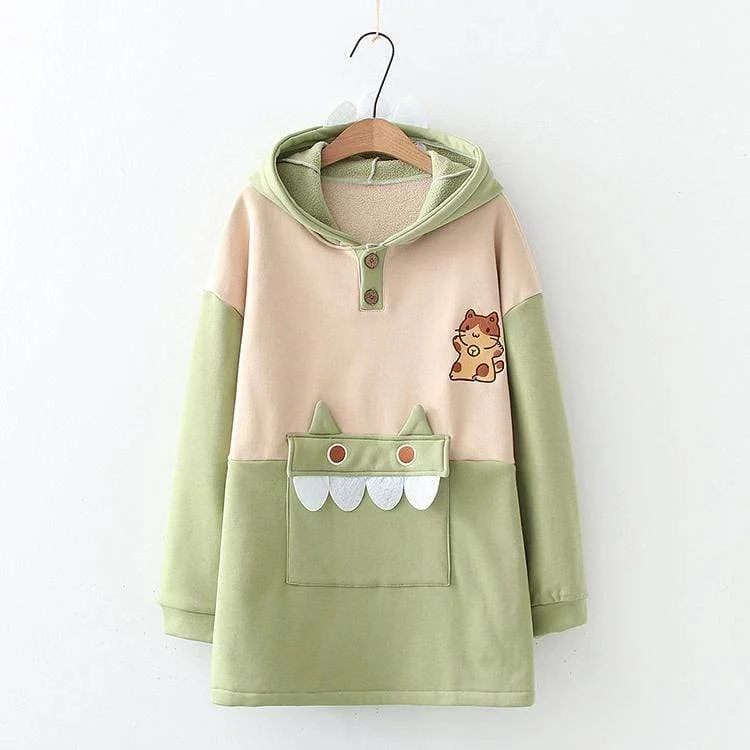 Women's Kawaii Cat Contrast Color Hoodies With Cute Monster Pocket