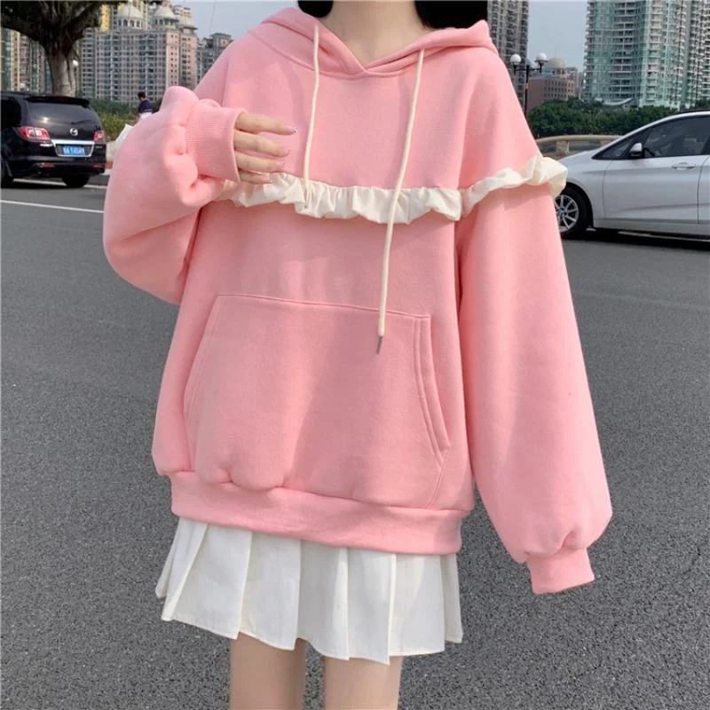 Women's Kawaii Falbala Splice Loose Hoodies