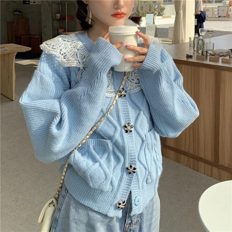 Women's Kawaii Lace Splice Cable Knitted Cardigan