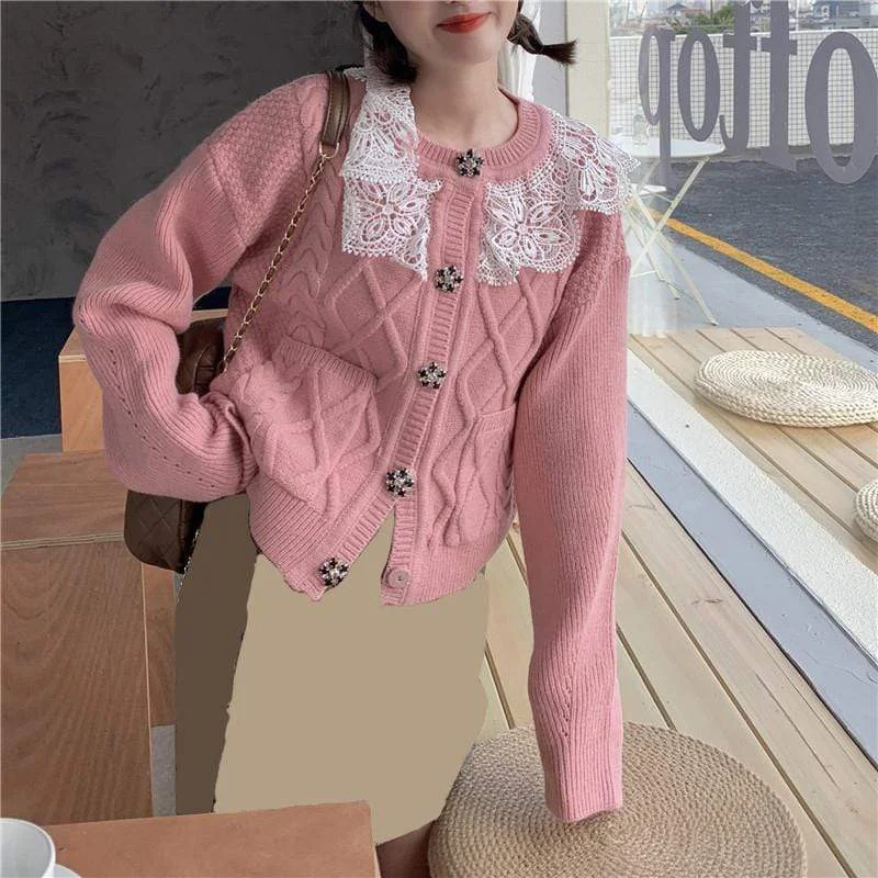 Women's Kawaii Lace Splice Cable Knitted Cardigan