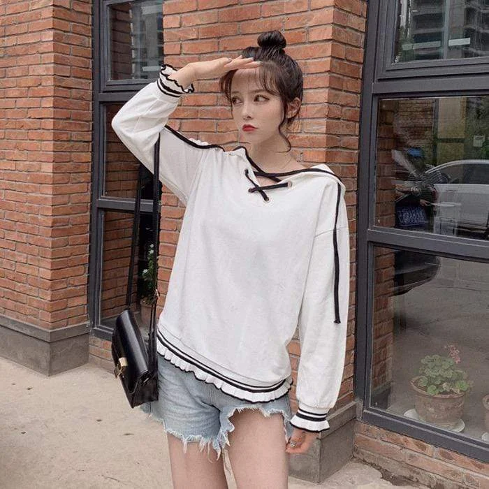 Women's Korean Fashion Lace-up Ruffles Hoodies