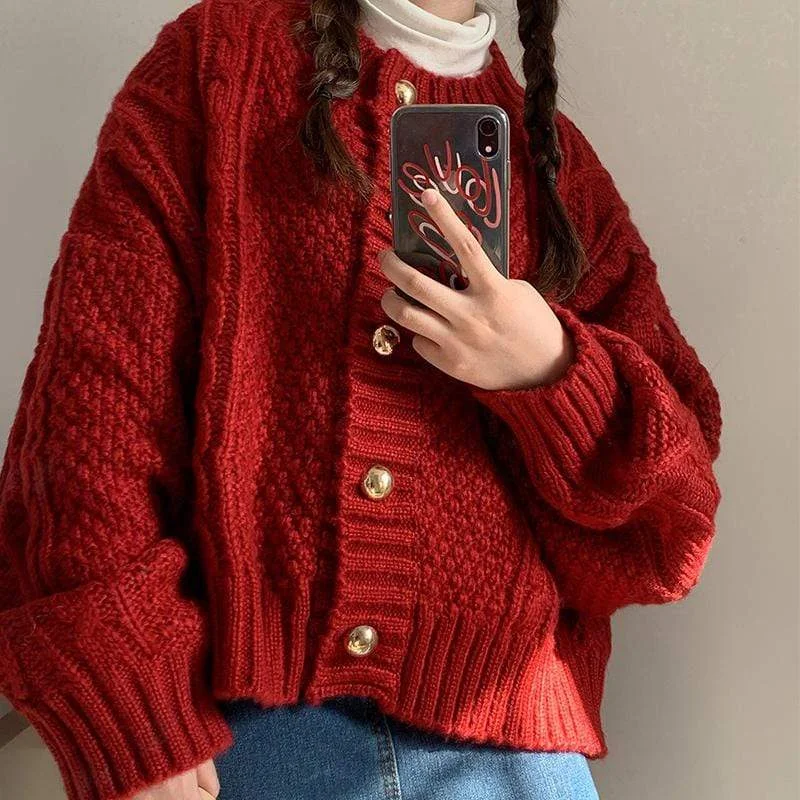 Women's Vintage Red Single-breasted Loose Winter Cardigans